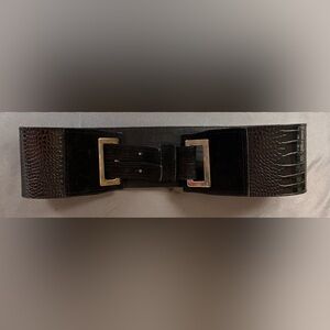 Max Mara Women's Wide Waist Black Textured Leather Belt silver tone Hardware Med